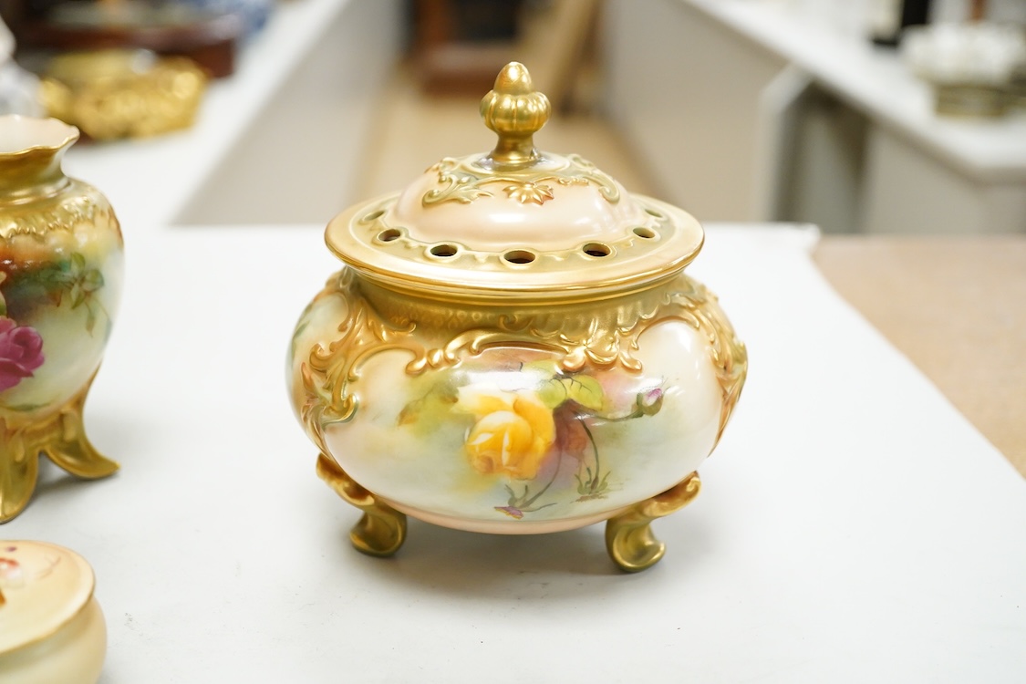 A group of Royal Worcester flower painted porcelain to include a pair vases signed M Hunt and a potpourri, largest 11cm high